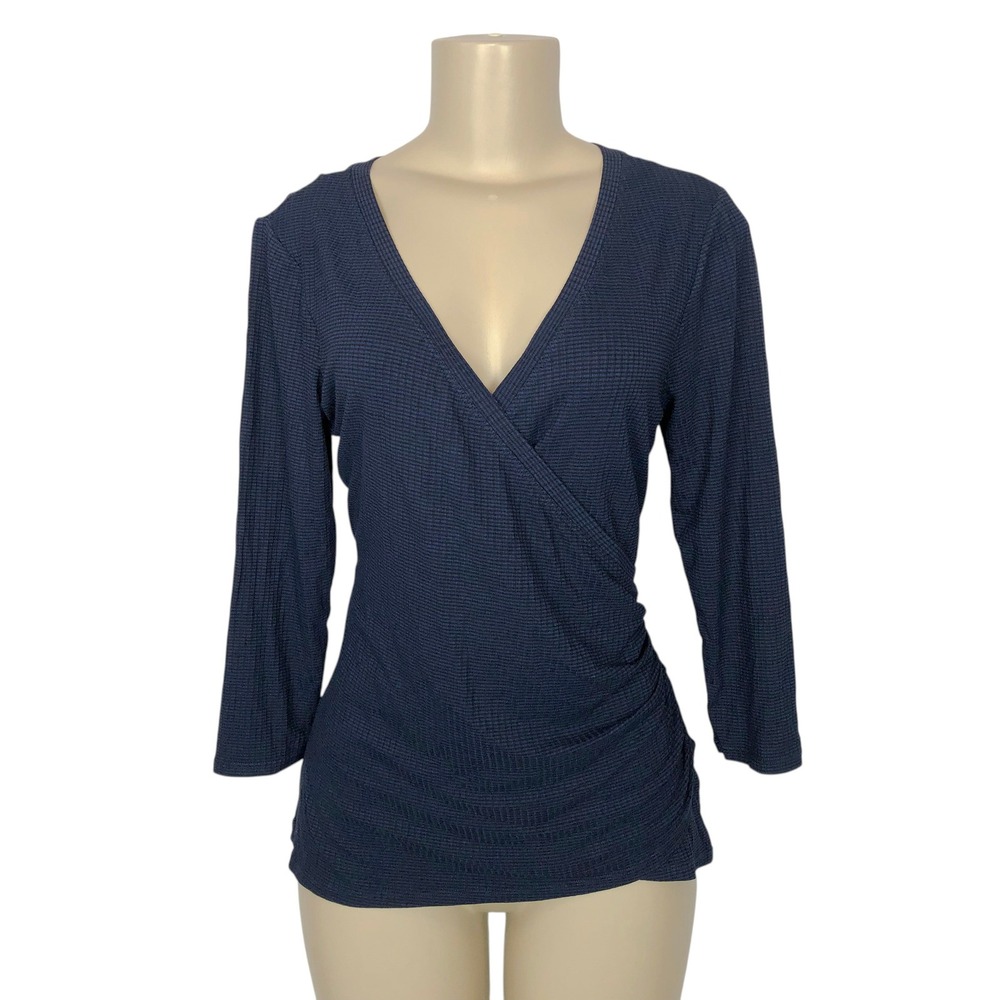 NWT Matty M Ribbed Knit Ruched Faux Wrap Top Surplice V-Neck Medium Navy Blue
